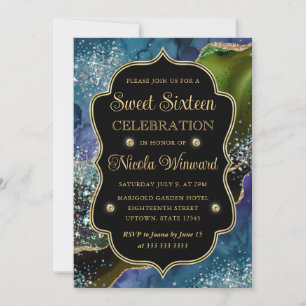 Blue, Green and Gold Glitter Agate Frame Sweet 16 Invitation