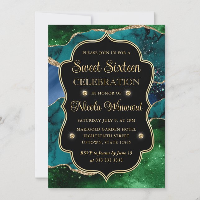 Blue, Green and Gold Glitter Agate Frame Sweet 16 Invitation (Front)