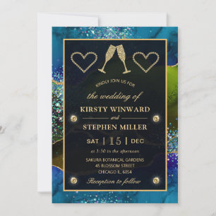 Blue, Green and Gold Glitter Peacock Agate Wedding Invitation