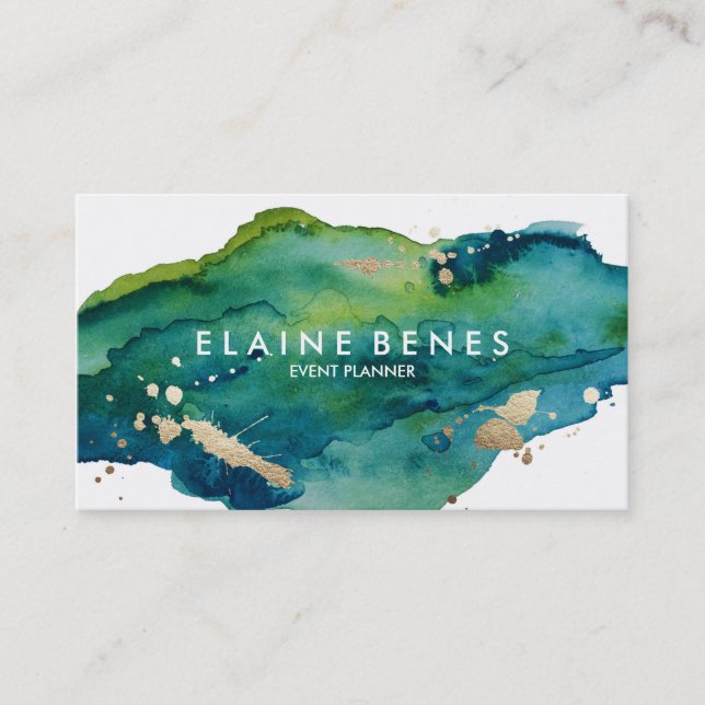 Blue Green and Gold Splatter Business card (Front)