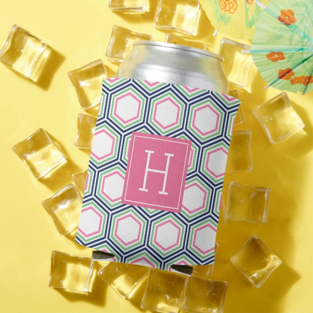 Blue Green and Pink Honeycomb Pattern Monogram Can Cooler (In Situ Summer)
