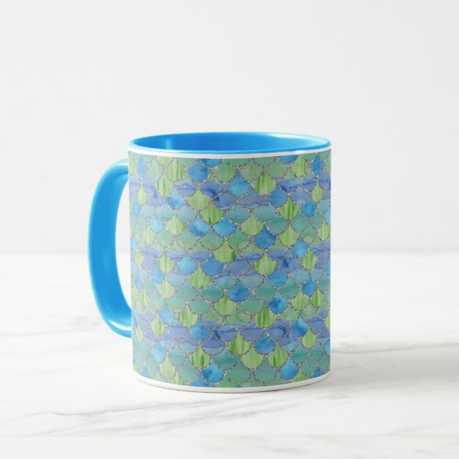 Blue, Green and Silver Mermaid Scales Mug (Front Left)