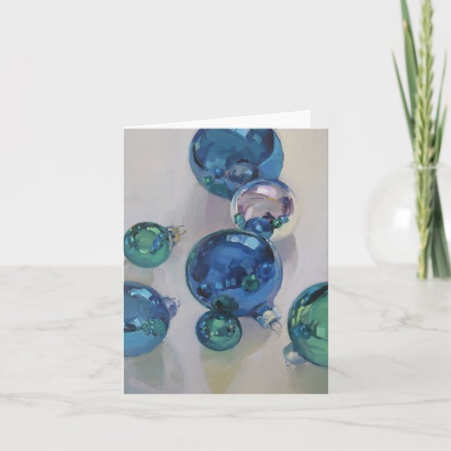 Blue, Green, and Silver Ornaments Holiday Card (Front)