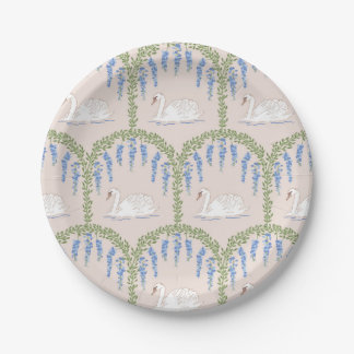 Blue, Green and Tan Cottagecore Garden Swans Paper Plate