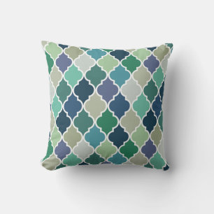 Blue, green and turquoise quatrefoil pattern cushion