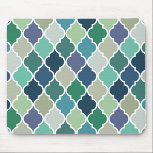 Blue, green and turquoise quatrefoil pattern mouse pad