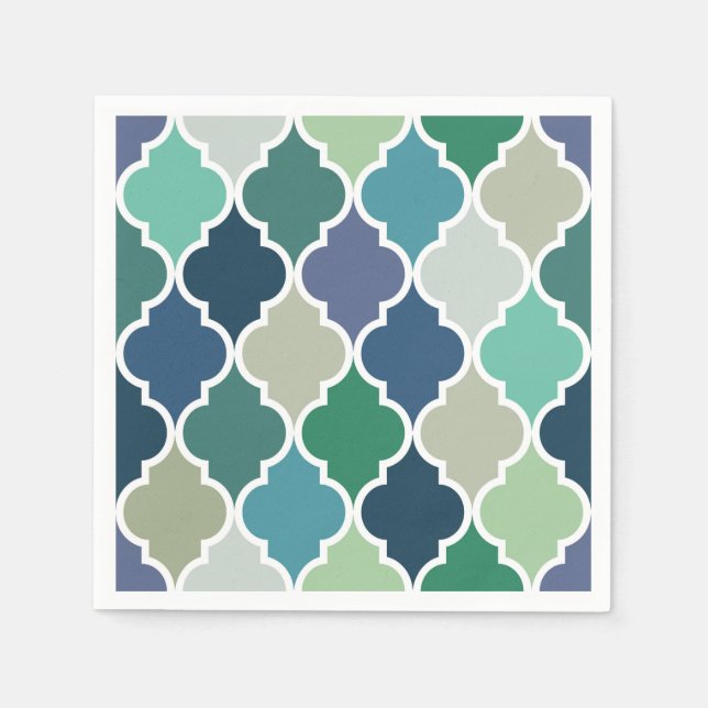 Blue, green and turquoise quatrefoil pattern napkin (Front)