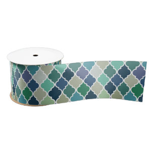 Blue, green and turquoise quatrefoil pattern satin ribbon