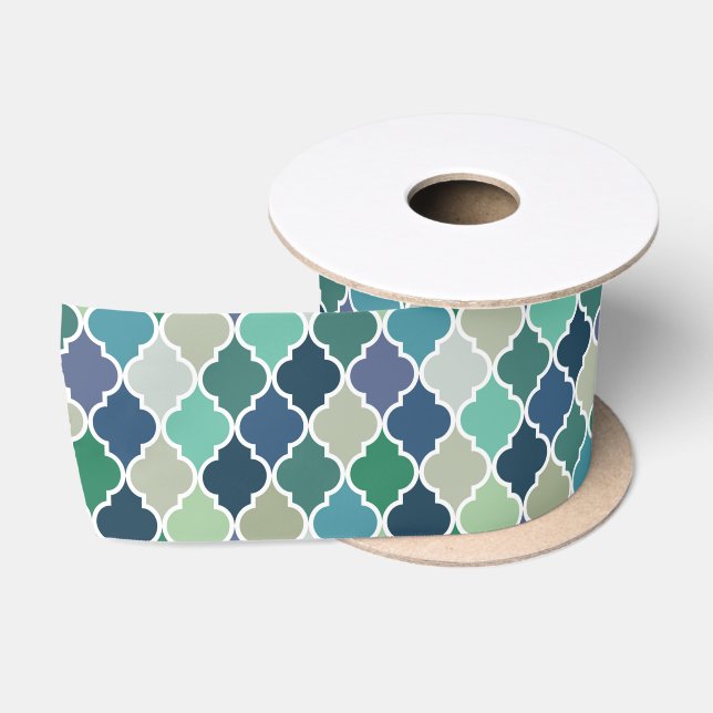 Blue, green and turquoise quatrefoil pattern satin ribbon (Spool)