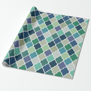 Blue, green and turquoise quatrefoil pattern wrapping paper