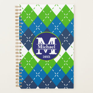 Blue, Green and White Argyle Personalised Planner
