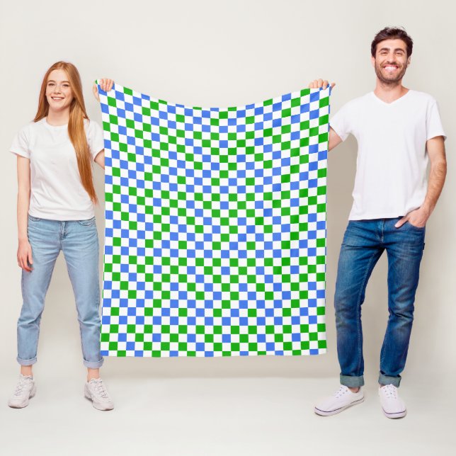 Blue Green And White Chequered Pattern  Fleece Blanket (In Situ)