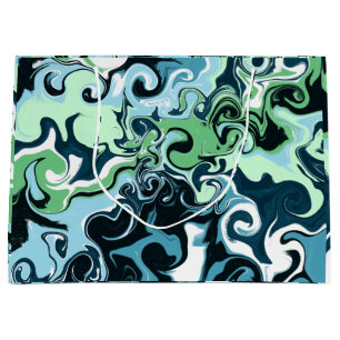 Blue, Green and White swirls Abstract Fluid Art   Large Gift Bag