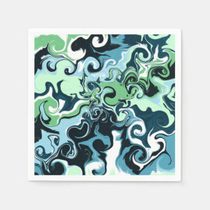 Blue, Green and White swirls Abstract Fluid Art    Napkin