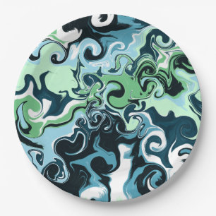 Blue, Green and White swirls Abstract Fluid Art    Paper Plate