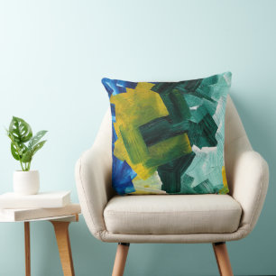 Blue, Green, and Yellow Abstract Brushstrokes Cushion