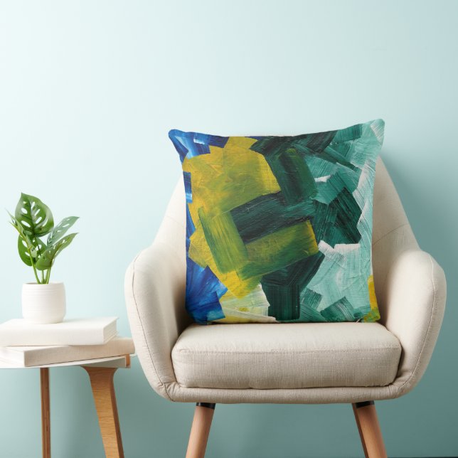 Blue, Green, and Yellow Abstract Brushstrokes Cushion (Chair)