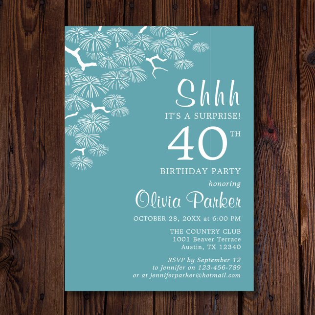 Blue Green Aqua Pine Branch Surprise 40th Birthday Invitation (Creator Uploaded)