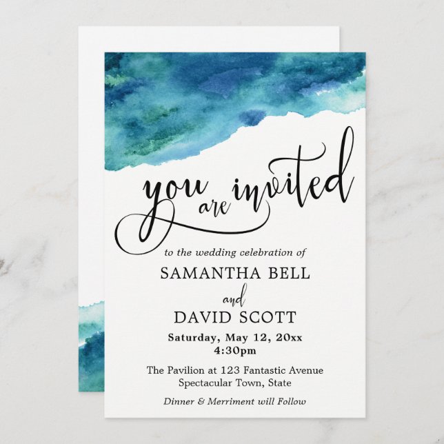 Blue Green Aqua Watercolor Modern Wedding 2 Invitation (Front/Back)