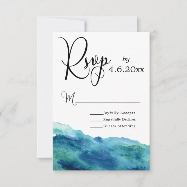 Blue Green Aqua Watercolor Modern Wedding RSVP 1b (Front)