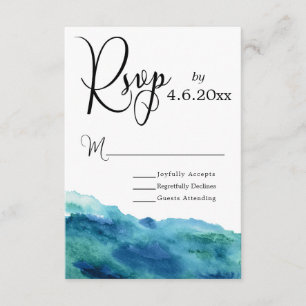 Blue Green Aqua Watercolor Modern Wedding RSVP 1b Card
