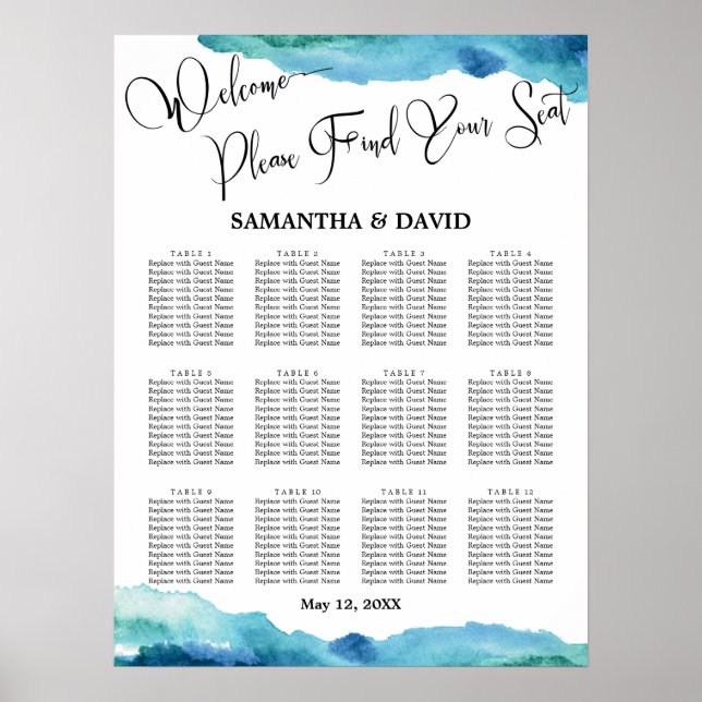 Blue Green Aqua Watercolor Wedding Seating Chart (Front)