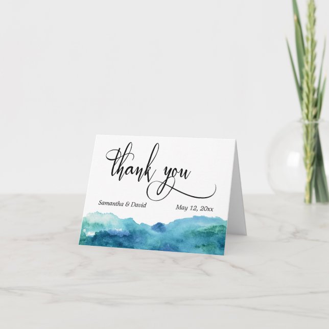 Blue Green Aqua Watercolor Wedding Thank You 3 Card (Front)