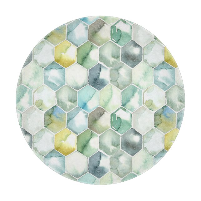 Blue & Green Aquarelle Honycomb Pattern Cutting Board (Front)