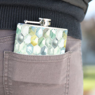 Blue & Green Aquarelle Honycomb Pattern Hip Flask