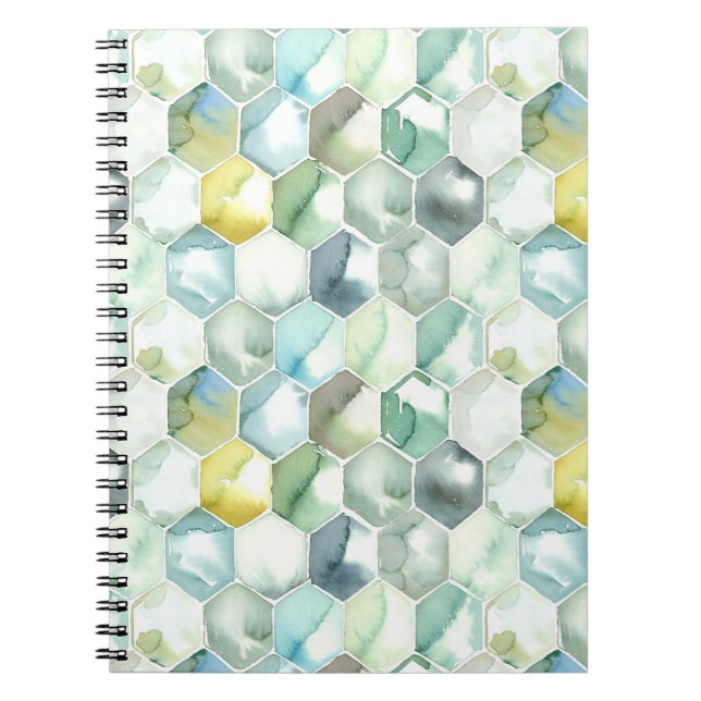 Blue & Green Aquarelle Honycomb Pattern Notebook (Front)