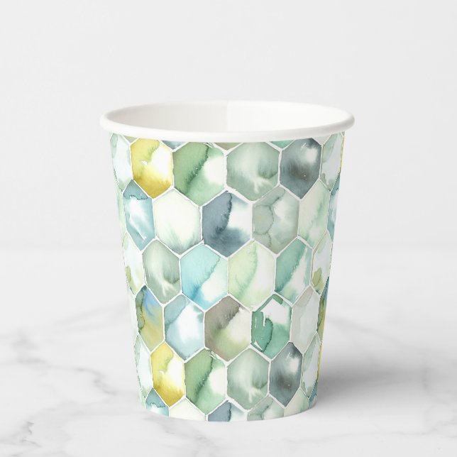 Blue & Green Aquarelle Honycomb Pattern Paper Cups (Left)