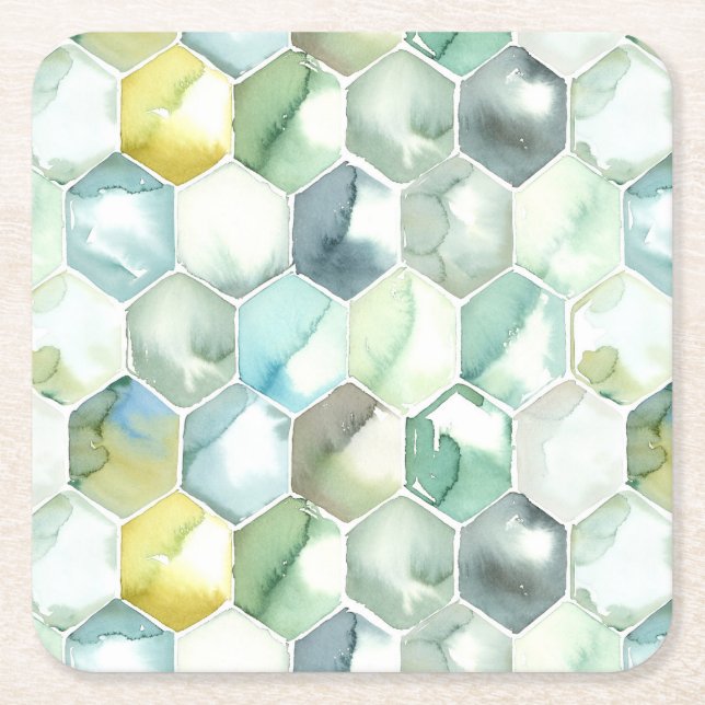 Blue & Green Aquarelle Honycomb Pattern Square Paper Coaster (Front)