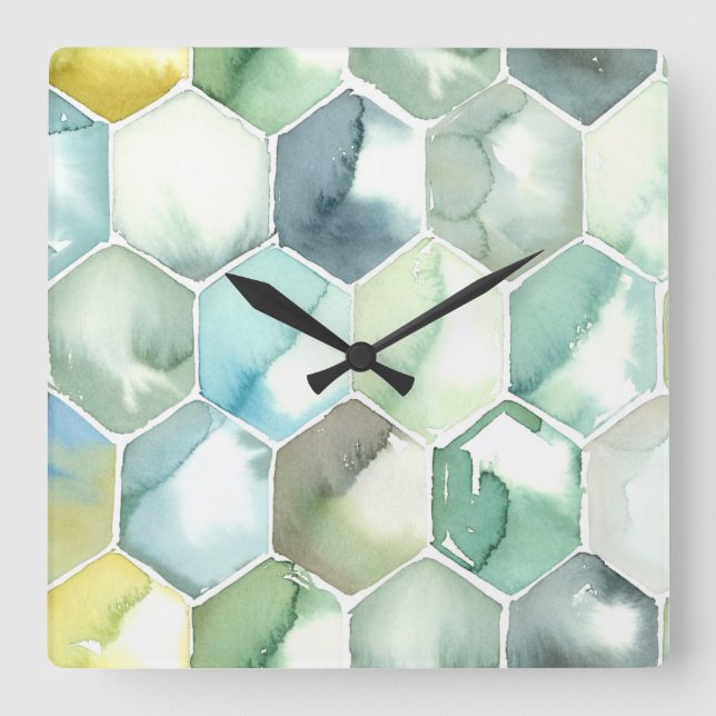 Blue & Green Aquarelle Honycomb Pattern Square Wall Clock (Front)