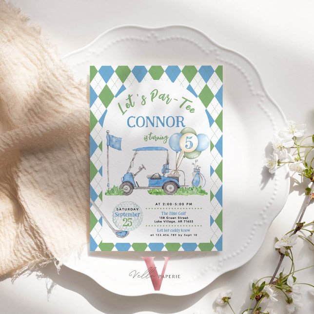 Blue Green Argyle Golf Birthday Par-Tee Invitation (Creator Uploaded)