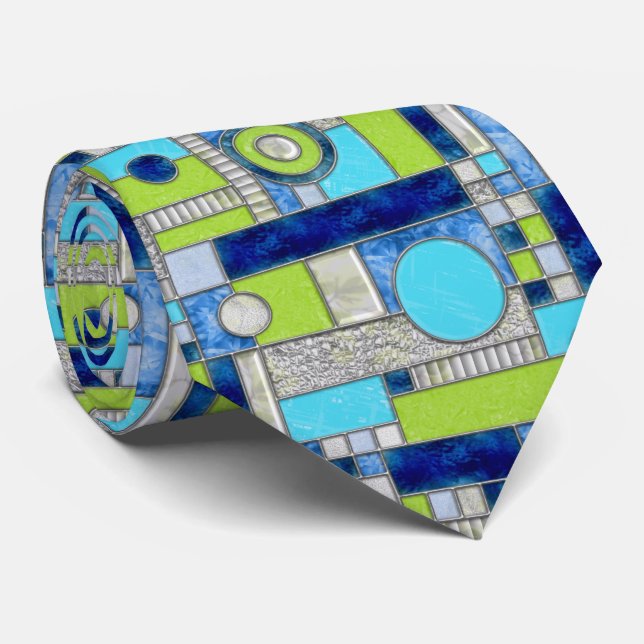 Blue Green Art Deco Stained Glass Tie (Rolled)