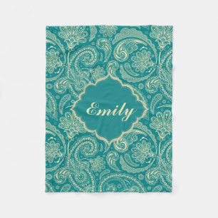 Blue-Green & Beige Creme Vintage Paisley Monogram Fleece Blanket