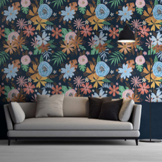 Blue Green Big Bold Flower Pattern Wallpaper