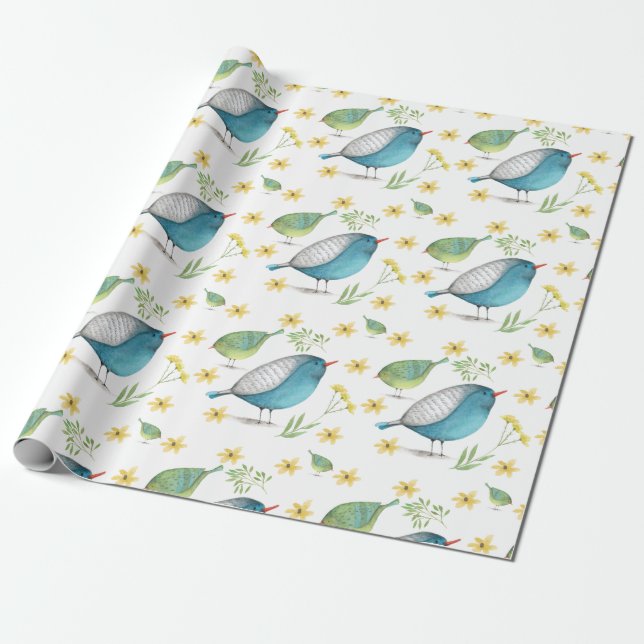 Blue & Green Birdie Watercolor Wrapping Paper (Unrolled)