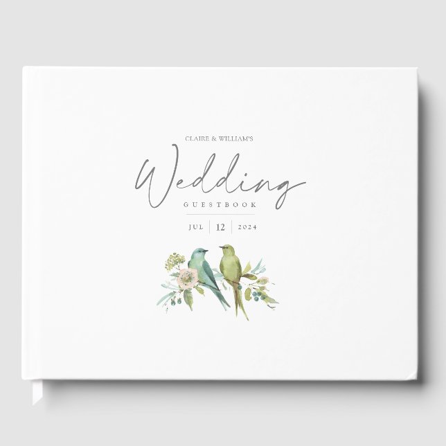 Blue Green Birds Botanical Watercolor Wedding Guest Book (Front)