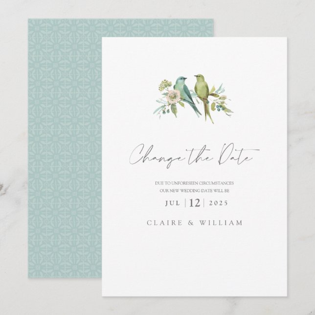 Blue Green Birds Floral Watercolor Wedding Holiday Card (Front/Back)