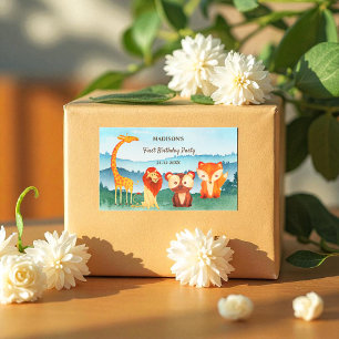 Blue Green Birthday Woodland Animals Rectangular Sticker