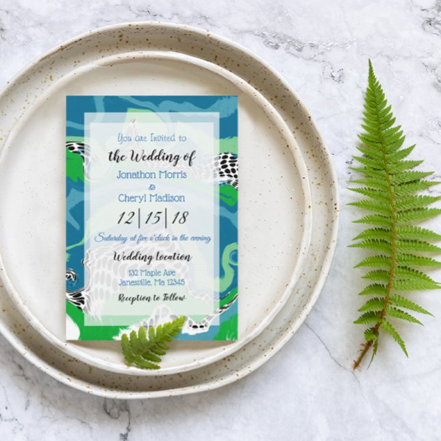 Blue, Green Black and White  Marble Wedding   Invitation (Creator Uploaded)