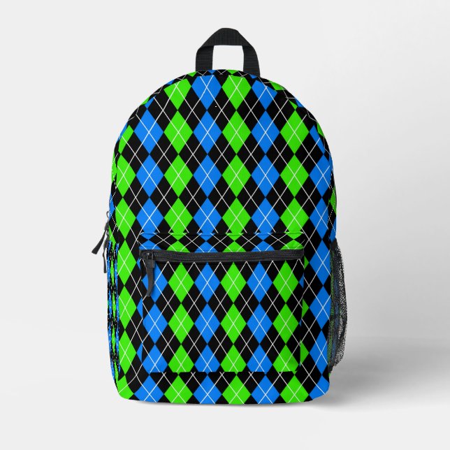 Blue Green Black Argyle Diamond Design  Printed Backpack (Front)