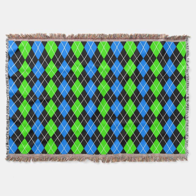 Blue Green Black Argyle Diamond Design  Throw Blanket (Front)