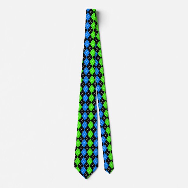 Blue Green Black Argyle Diamond Design  Tie (Front)