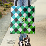 Blue Green & Black Buffalo Check Plaid Monogram Tote Bag<br><div class="desc">Aqua blue, lime green and black buffalo check plaid tote bag with monogram. Add your name or delete the sample text to leave the area blank. The back side is a solid black colour that can be changed as desired. The text font style, size and colour can also be changed...</div>
