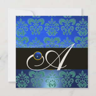 BLUE GREEN BLACK CHAMPAGNE DAMASK MONOGRAM INVITATION