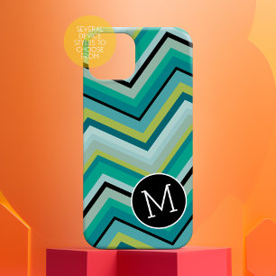 Blue Green Black Chevron Pattern Simple Monogram iPhone 16 Plus Case