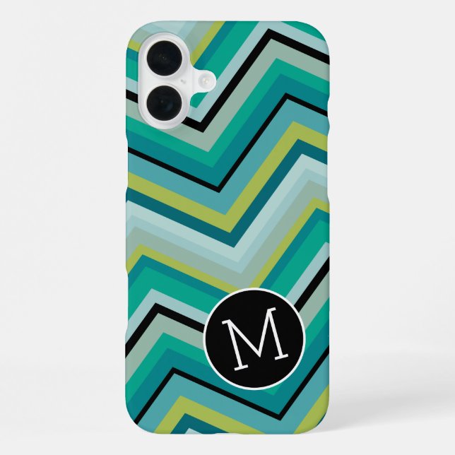 Blue Green Black Chevron Pattern Simple Monogram iPhone Case (Back)