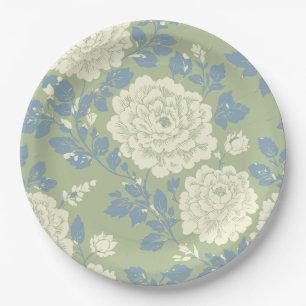 Blue Green Block Print Floral Paper Plate